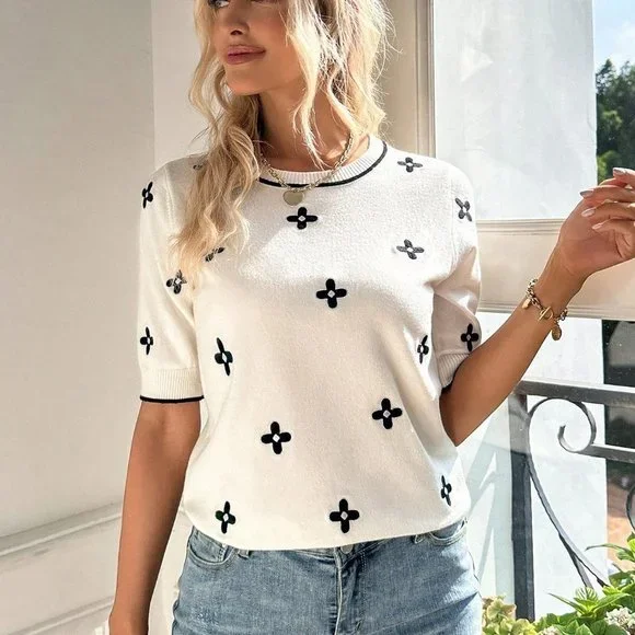 Beige Preppy Womens Floral Pattern Striped Trim Knit Top - Picture 3 of 5